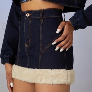 Fluffy Trim Denim Skirt